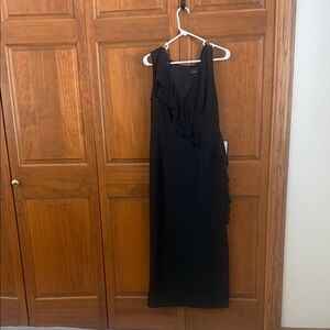 Connected Apparel Black Midi Dress with Ruffle Accent